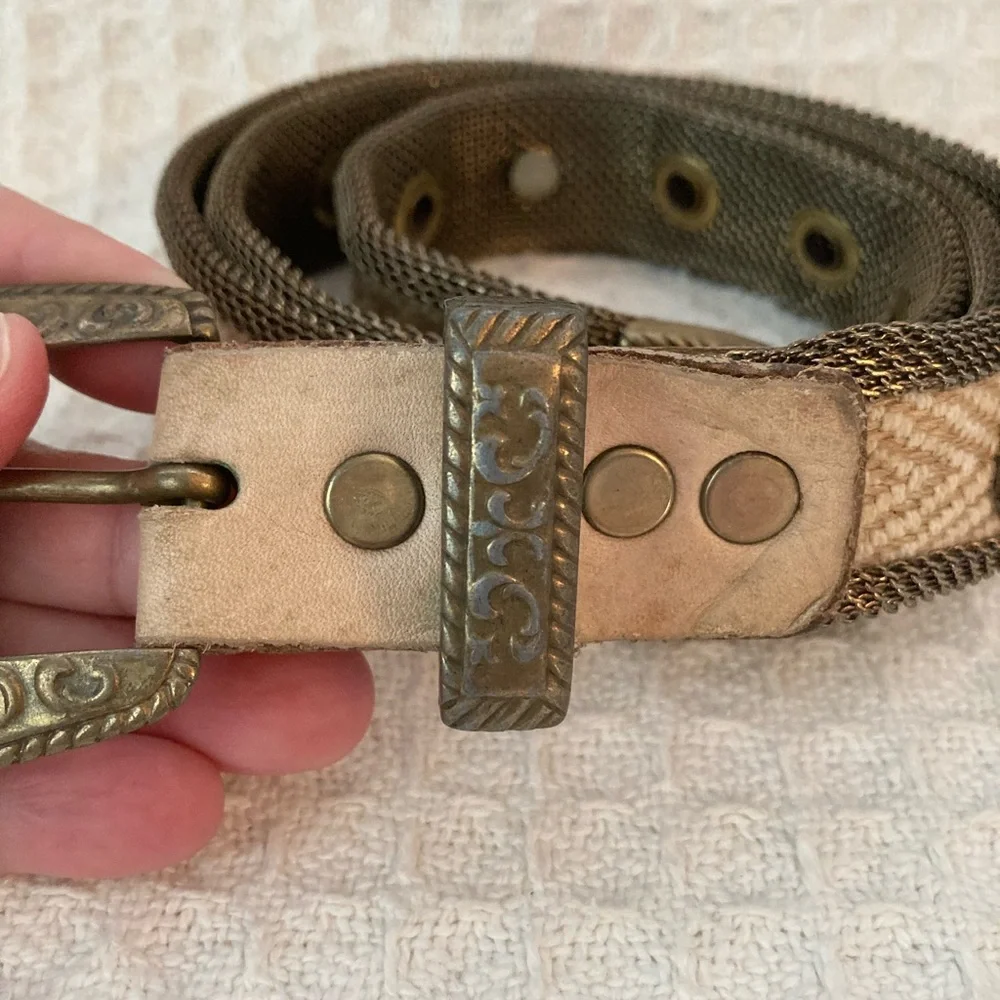 Sand Castle Vintage Metal, Mesh, Fabric And Leather Belt
